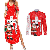 Switzerland Christmas Couples Matching Summer Maxi Dress and Long Sleeve Button Shirt with Santa Sleigh Silhouette and Red Holiday Icon - Wonder Print Shop