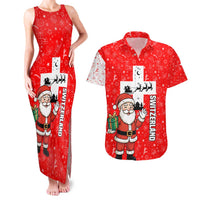 Switzerland Christmas Couples Matching Tank Maxi Dress and Hawaiian Shirt with Santa Sleigh Silhouette and Red Holiday Icon - Wonder Print Shop