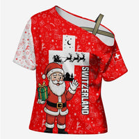 Switzerland Christmas Cross Shoulder Shirt with Santa Sleigh Silhouette and Red Holiday Icon - Wonder Print Shop
