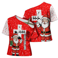 Switzerland Christmas Cross Shoulder Shirt with Santa Sleigh Silhouette and Red Holiday Icon - Wonder Print Shop