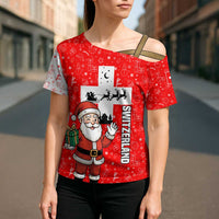 Switzerland Christmas Cross Shoulder Shirt with Santa Sleigh Silhouette and Red Holiday Icon - Wonder Print Shop