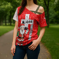 Switzerland Christmas Cross Shoulder Shirt with Santa Sleigh Silhouette and Red Holiday Icon - Wonder Print Shop