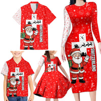 Switzerland Christmas Family Matching Long Sleeve Bodycon Dress and Hawaiian Shirt with Santa Sleigh Silhouette and Red Holiday Icon - Wonder Print Shop