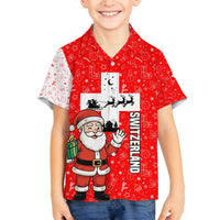 Switzerland Christmas Family Matching Off The Shoulder Long Sleeve Dress and Hawaiian Shirt with Santa Sleigh Silhouette and Red Holiday Icon - Wonder Print Shop