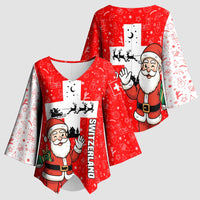 Switzerland Christmas Kimono Sleeve Blouse with Santa Sleigh Silhouette and Red Holiday Icon - Wonder Print Shop