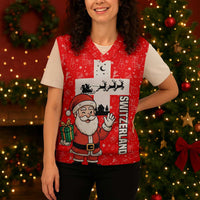 Switzerland Christmas Knitted V-Neck Vest with Santa Sleigh Silhouette and Red Holiday Icon - Wonder Print Shop
