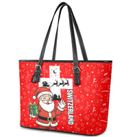 Switzerland Christmas Leather Tote Bag with Santa Sleigh Silhouette and Red Holiday Icon - Wonder Print Shop