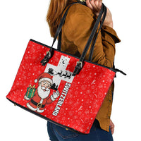 Switzerland Christmas Leather Tote Bag with Santa Sleigh Silhouette and Red Holiday Icon - Wonder Print Shop