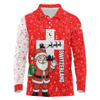 Switzerland Christmas Long Sleeve Polo Shirt with Santa Sleigh Silhouette and Red Holiday Icon - Wonder Print Shop