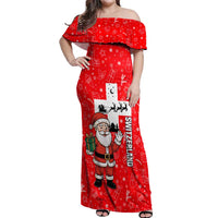 Switzerland Christmas Off Shoulder Maxi Dress with Santa Sleigh Silhouette and Red Holiday Icon - Wonder Print Shop