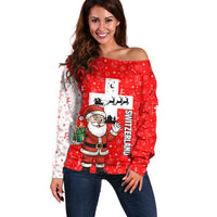 Switzerland Christmas Off Shoulder Sweater with Santa Sleigh Silhouette and Red Holiday Icon - Wonder Print Shop