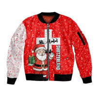 Switzerland Christmas Sleeve Zip Bomber Jacket with Santa Sleigh Silhouette and Red Holiday Icon - Wonder Print Shop