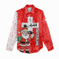 Switzerland Christmas Women Casual Shirt with Santa Sleigh Silhouette and Red Holiday Icon - Wonder Print Shop