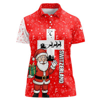 Switzerland Christmas Women Polo Shirt with Santa Sleigh Silhouette and Red Holiday Icon - Wonder Print Shop