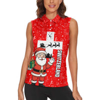 Switzerland Christmas Women Sleeveless Polo Shirt with Santa Sleigh Silhouette and Red Holiday Icon - Wonder Print Shop
