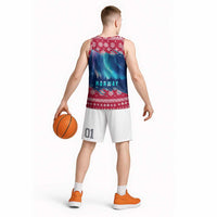 Norway Christmas Basketball Jersey with Northern Lights Snowflake Pattern and Nordic Forest - Wonder Print Shop
