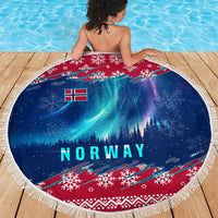 Norway Christmas Beach Blanket with Northern Lights Snowflake Pattern and Nordic Forest - Wonder Print Shop