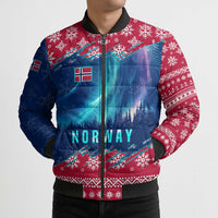 Norway Christmas Bomber Puffer Jacket with Northern Lights Snowflake Pattern and Nordic Forest - Wonder Print Shop