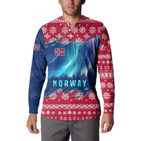 Norway Christmas Button Sweatshirt with Northern Lights Snowflake Pattern and Nordic Forest - Wonder Print Shop