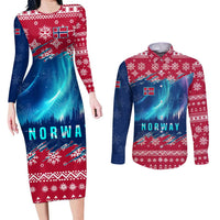 Norway Christmas Couples Matching Long Sleeve Bodycon Dress and Long Sleeve Button Shirt with Northern Lights Snowflake Pattern and Nordic Forest - Wonder Print Shop