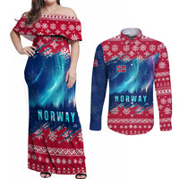 Norway Christmas Couples Matching Off Shoulder Maxi Dress and Long Sleeve Button Shirt with Northern Lights Snowflake Pattern and Nordic Forest - Wonder Print Shop