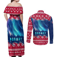 Norway Christmas Couples Matching Off Shoulder Maxi Dress and Long Sleeve Button Shirt with Northern Lights Snowflake Pattern and Nordic Forest - Wonder Print Shop