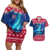 Norway Christmas Couples Matching Off Shoulder Short Dress and Hawaiian Shirt with Northern Lights Snowflake Pattern and Nordic Forest - Wonder Print Shop