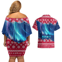 Norway Christmas Couples Matching Off Shoulder Short Dress and Hawaiian Shirt with Northern Lights Snowflake Pattern and Nordic Forest - Wonder Print Shop