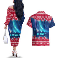 Norway Christmas Couples Matching Off The Shoulder Long Sleeve Dress and Hawaiian Shirt with Northern Lights Snowflake Pattern and Nordic Forest - Wonder Print Shop