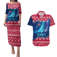 Norway Christmas Couples Matching Puletasi and Hawaiian Shirt with Northern Lights Snowflake Pattern and Nordic Forest - Wonder Print Shop