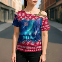 Norway Christmas Cross Shoulder Shirt with Northern Lights Snowflake Pattern and Nordic Forest - Wonder Print Shop