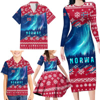 Norway Christmas Family Matching Long Sleeve Bodycon Dress and Hawaiian Shirt with Northern Lights Snowflake Pattern and Nordic Forest - Wonder Print Shop