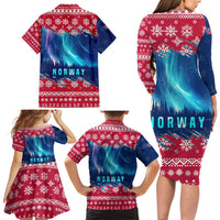 Norway Christmas Family Matching Long Sleeve Bodycon Dress and Hawaiian Shirt with Northern Lights Snowflake Pattern and Nordic Forest - Wonder Print Shop