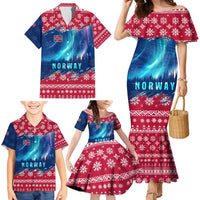 Norway Christmas Family Matching Mermaid Dress and Hawaiian Shirt with Northern Lights Snowflake Pattern and Nordic Forest - Wonder Print Shop