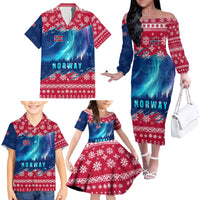 Norway Christmas Family Matching Off The Shoulder Long Sleeve Dress and Hawaiian Shirt with Northern Lights Snowflake Pattern and Nordic Forest - Wonder Print Shop