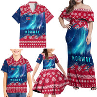 Norway Christmas Family Matching Off Shoulder Maxi Dress and Hawaiian Shirt with Northern Lights Snowflake Pattern and Nordic Forest - Wonder Print Shop