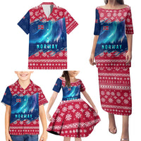 Norway Christmas Family Matching Puletasi and Hawaiian Shirt with Northern Lights Snowflake Pattern and Nordic Forest - Wonder Print Shop