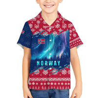 Norway Christmas Family Matching Short Sleeve Bodycon Dress and Hawaiian Shirt with Northern Lights Snowflake Pattern and Nordic Forest - Wonder Print Shop