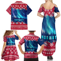 Norway Christmas Family Matching Summer Maxi Dress and Hawaiian Shirt with Northern Lights Snowflake Pattern and Nordic Forest - Wonder Print Shop