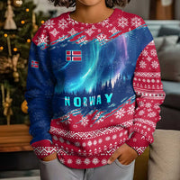 Norway Christmas Kid Ugly Christmas Sweater with Northern Lights Snowflake Pattern and Nordic Forest - Wonder Print Shop