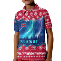 Norway Christmas Kid Polo Shirt with Northern Lights Snowflake Pattern and Nordic Forest - Wonder Print Shop