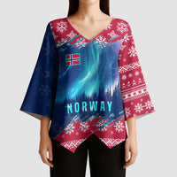 Norway Christmas Kimono Sleeve Blouse with Northern Lights Snowflake Pattern and Nordic Forest - Wonder Print Shop