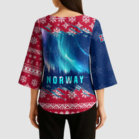 Norway Christmas Kimono Sleeve Blouse with Northern Lights Snowflake Pattern and Nordic Forest - Wonder Print Shop