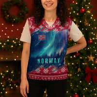 Norway Christmas Knitted V-Neck Vest with Northern Lights Snowflake Pattern and Nordic Forest - Wonder Print Shop