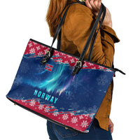 Norway Christmas Leather Tote Bag with Northern Lights Snowflake Pattern and Nordic Forest - Wonder Print Shop