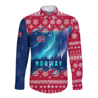 Norway Christmas Long Sleeve Button Shirt with Northern Lights Snowflake Pattern and Nordic Forest - Wonder Print Shop