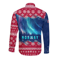Norway Christmas Long Sleeve Button Shirt with Northern Lights Snowflake Pattern and Nordic Forest - Wonder Print Shop