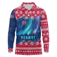 Norway Christmas Long Sleeve Polo Shirt with Northern Lights Snowflake Pattern and Nordic Forest - Wonder Print Shop
