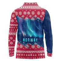 Norway Christmas Long Sleeve Polo Shirt with Northern Lights Snowflake Pattern and Nordic Forest - Wonder Print Shop