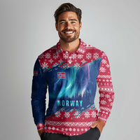 Norway Christmas Long Sleeve Polo Shirt with Northern Lights Snowflake Pattern and Nordic Forest - Wonder Print Shop